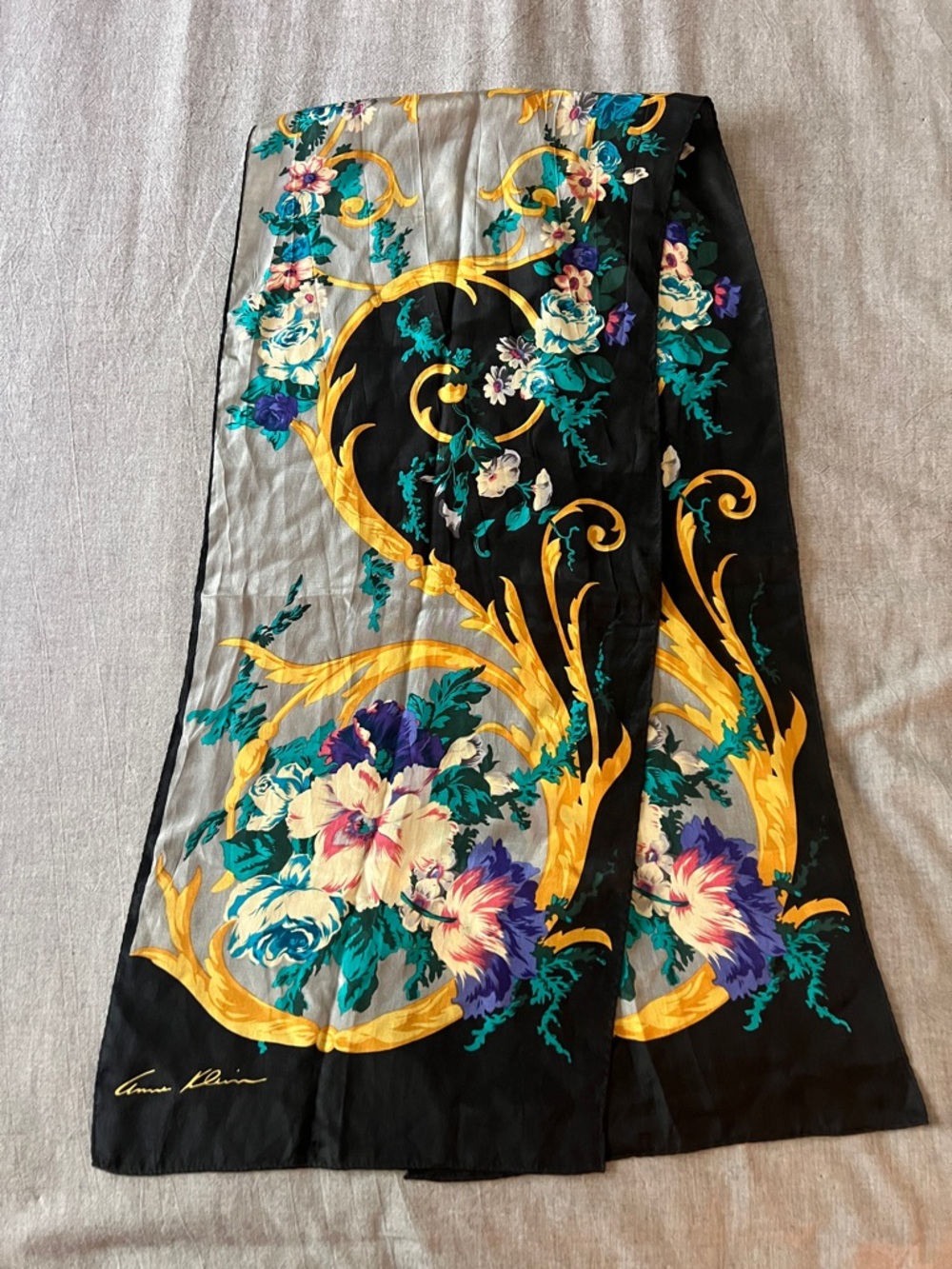 Ann Klein  Vintage Floral & Baroque Print Silk Scarf in Black, Gold, Teal
